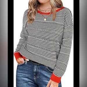 zeagoo Black & White Striped Crewneck Sweater with Red Trim